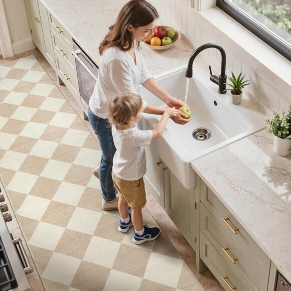 Beeiva Checkered Print Rug Runners Non Slip 2.5x8, Ultra Thin Beige Gingham - Picture 2 of 8